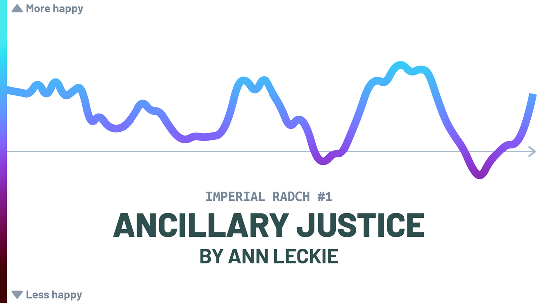 Emotional arc of Ann Leckie's novel Ancillary Justice. Unlike the other emotional arcs, this one ends on a high.